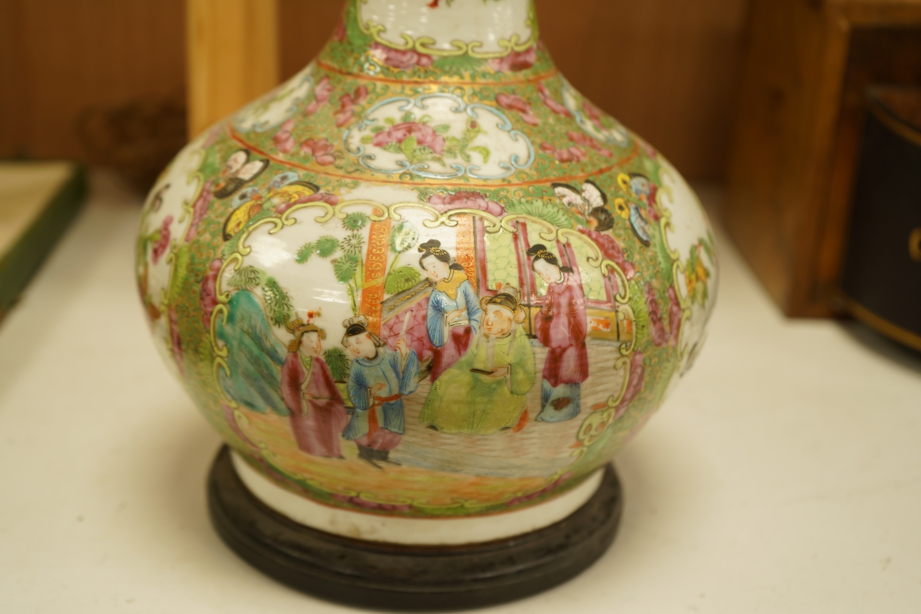 A Chinese famille rose bottle vase, now converted to a lamp, 43cm high overall